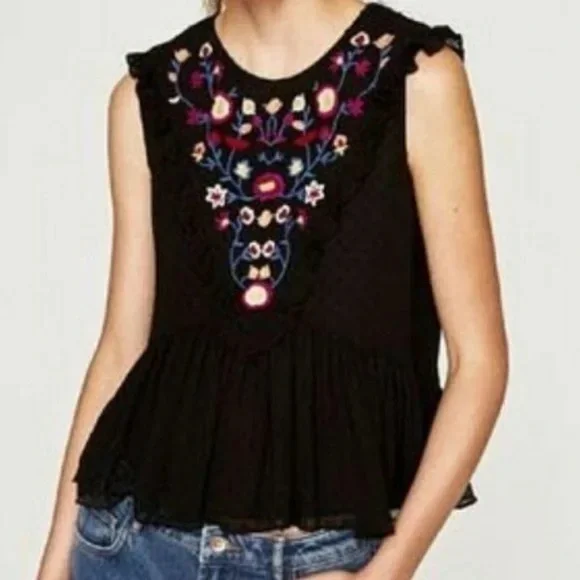 Zara Black Swiss Dot Embroidered Crop Peplum Sleeveless Top Blouse Small S - Picture 4 of 8
